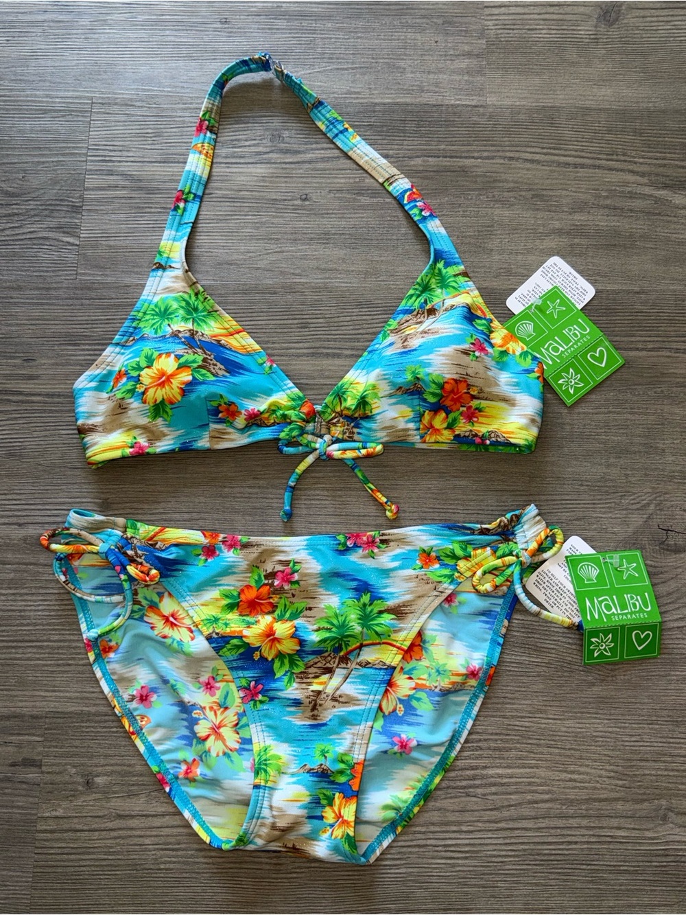 NWT Malibu Women’s Blue Tropical Floral Bikini Set Size Large